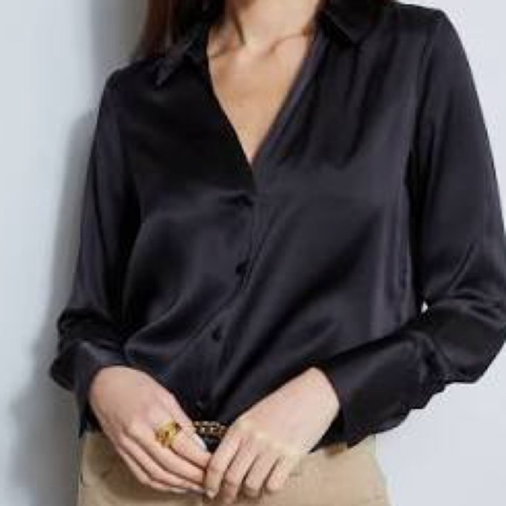 Tahari brand black satin feel, button down dress shirt, size medium